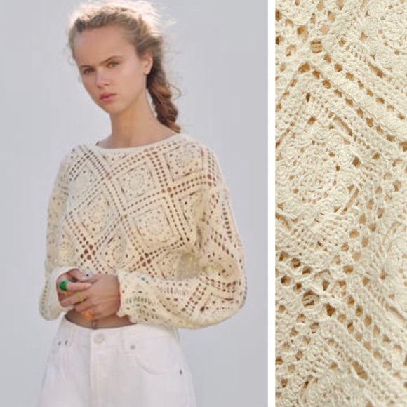 Zara Ecru Crocheted Knit Cropped Sweater - Picture 3 of 12